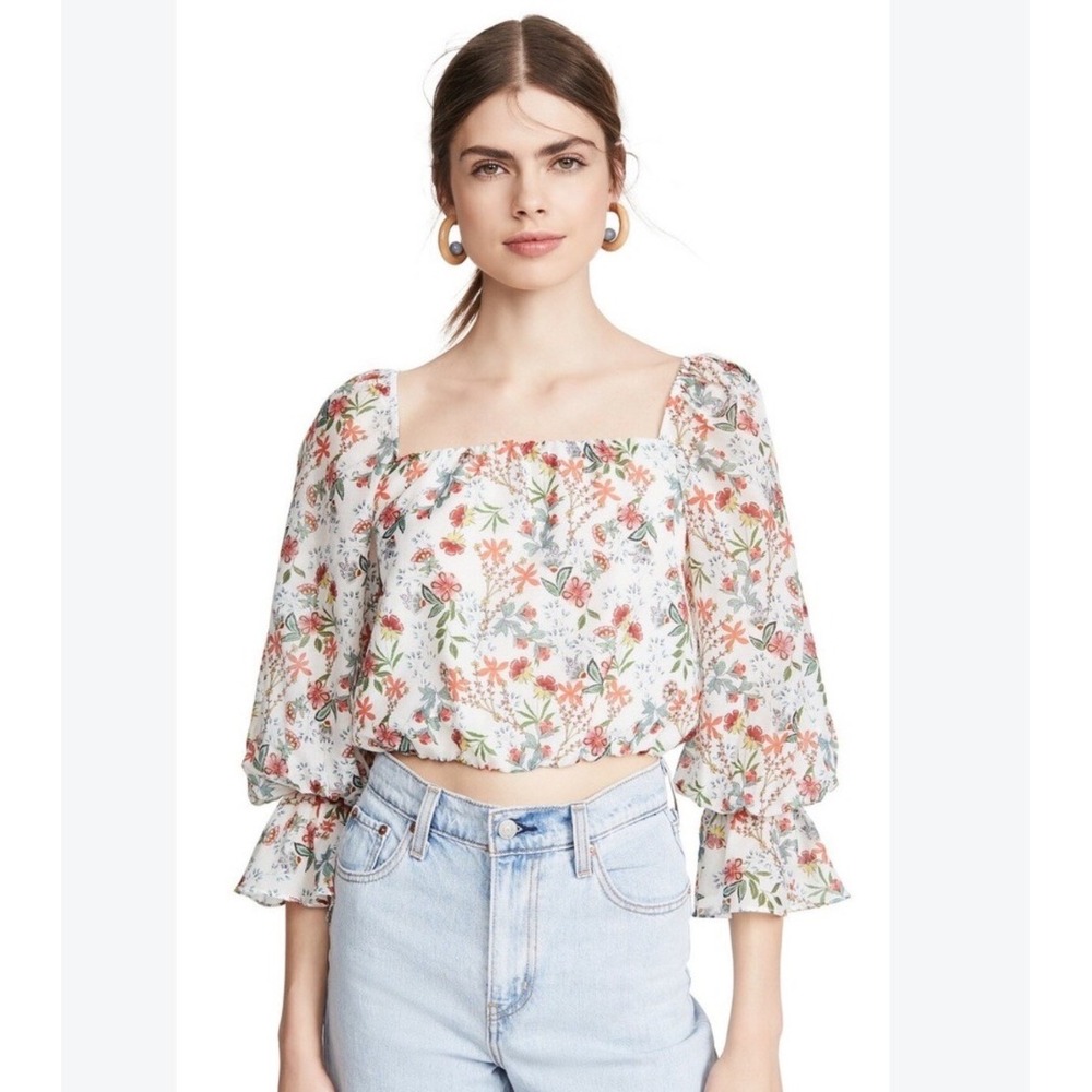 Alice + Olivia Deb Square Neck Floral Blouse White Cotton Silk CC003P32042 Small